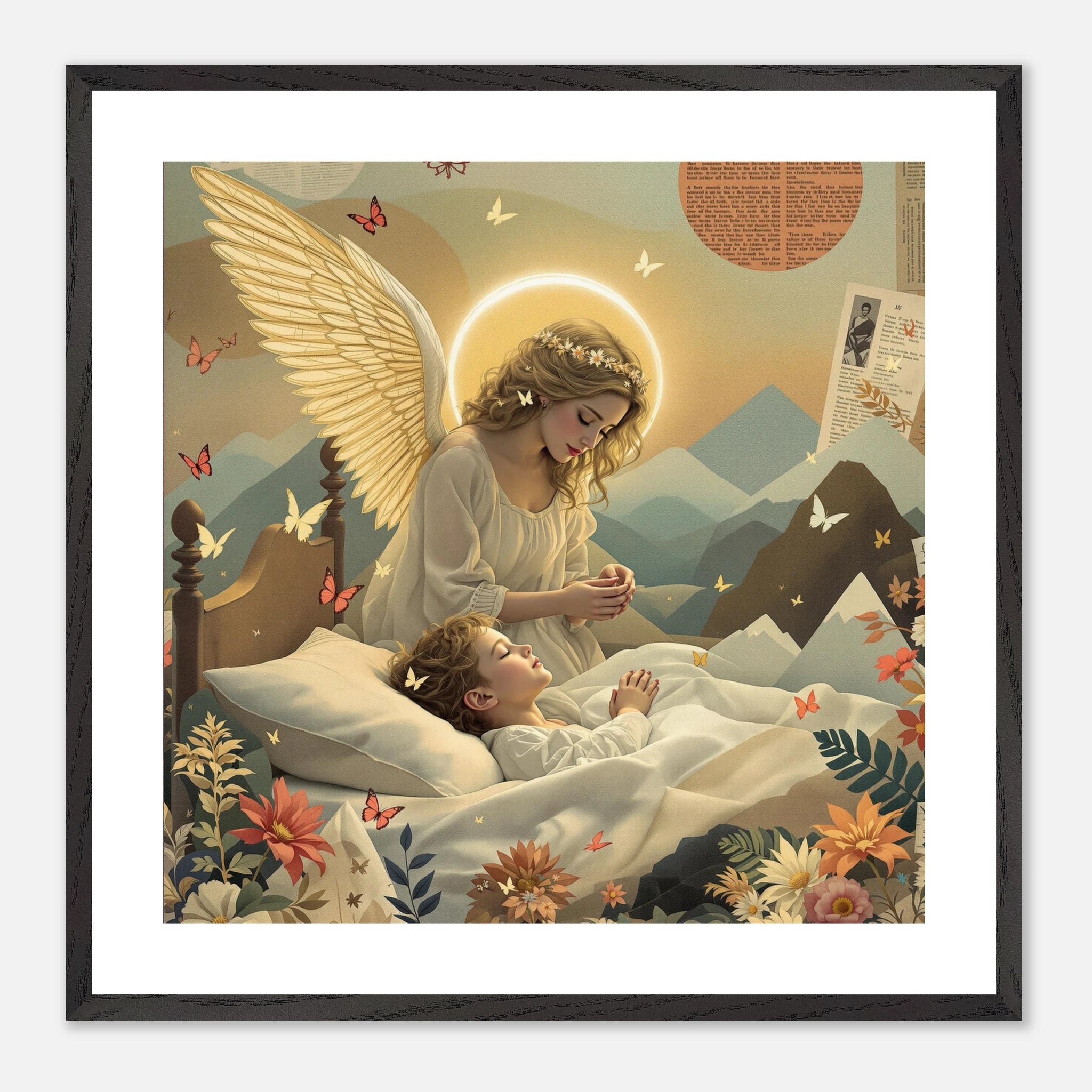 Liebevolle Mutter sitzt am Bett ihres KIndes und betet.