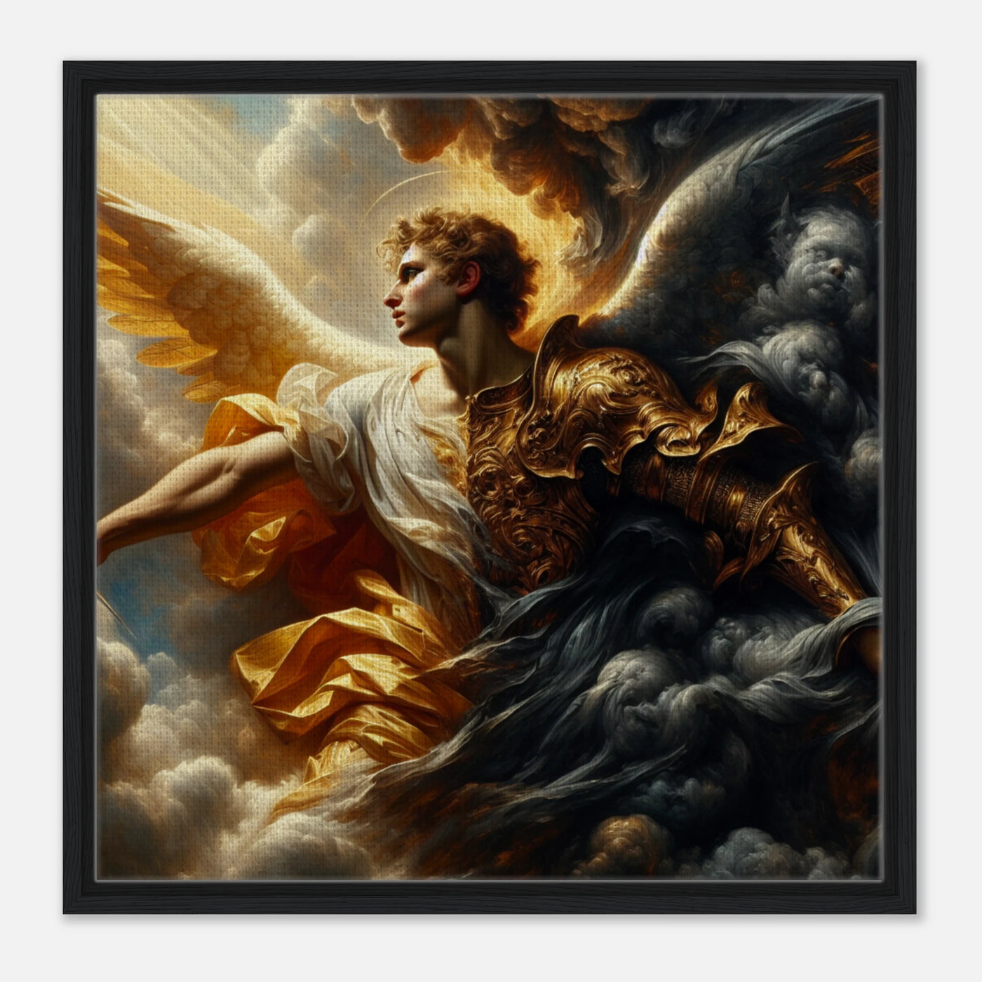 Gerahmte Leinwand: Schutzengel in goldener Rüstung im Himmel bedrängt von bösen Geistern, Kampf zwischen Gut und Böse, dramatische Wanddekoration für Wohnzimmer