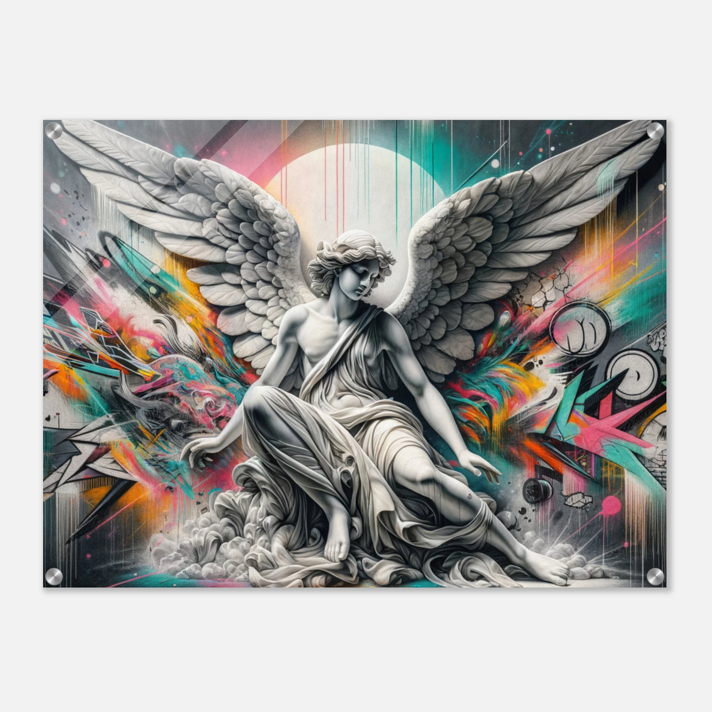 Graffiti eines Marmorangels – urbaner Hip-Hop trifft Religion auf Acrylglasdruck
