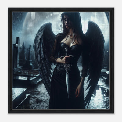 Gerahmte Leinwand: Tears in the Rain, weiblicher Todesengel mit Dolch, düsteres Engelsmotiv auf einem Friedhof, stimmungsvolle Wanddekoration für Wohnzimmer und Gothic-Fans