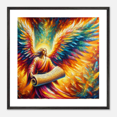 Gerahmtes Premium-Poster: Bunter Engel als Apostel mit großer Schriftrolle, möglicherweise Gebote oder Wünsche der Menschen, ideale Wandkunst für spirituelle und nachdenkliche Umgebungen