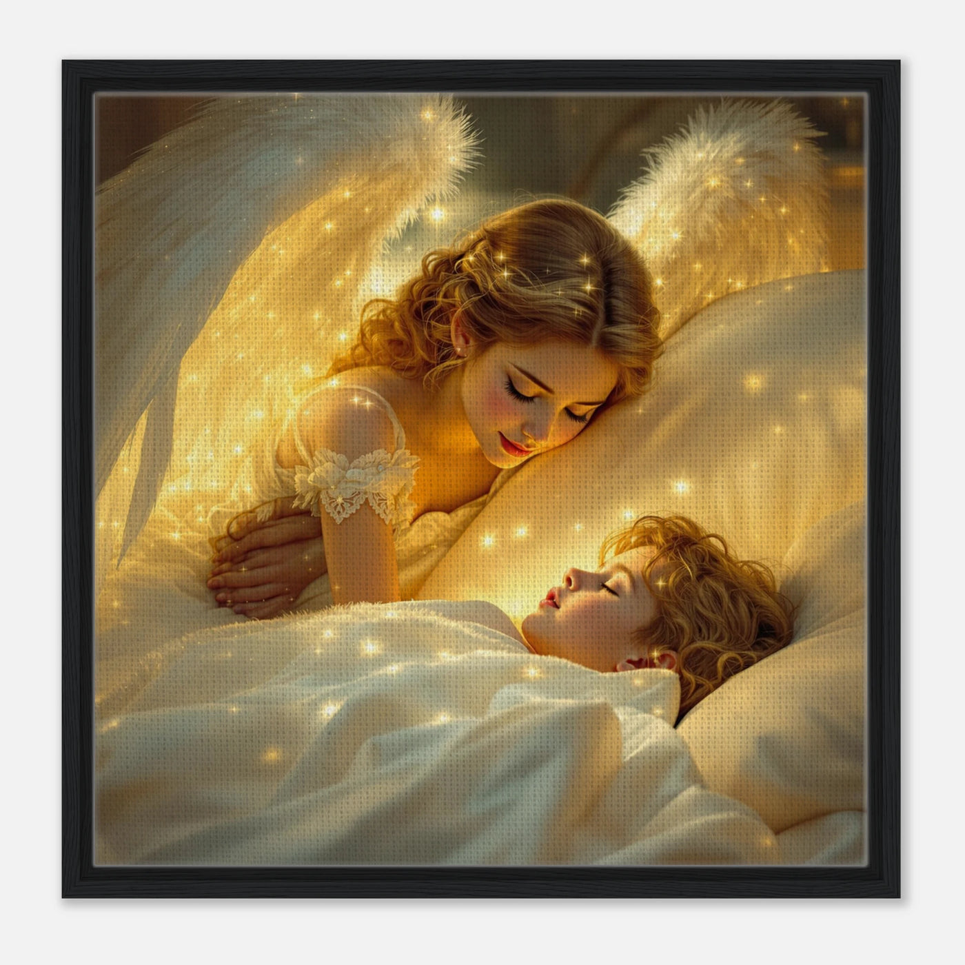 Schutzengel tröstet ihr KInd im Schlaf. Wahre Liebe