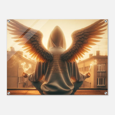 Urbaner Engel macht Yoga bei Sonnenuntergang – Angel Dust Acrylglasdruck, Meditation auf Rooftop-Balkon
