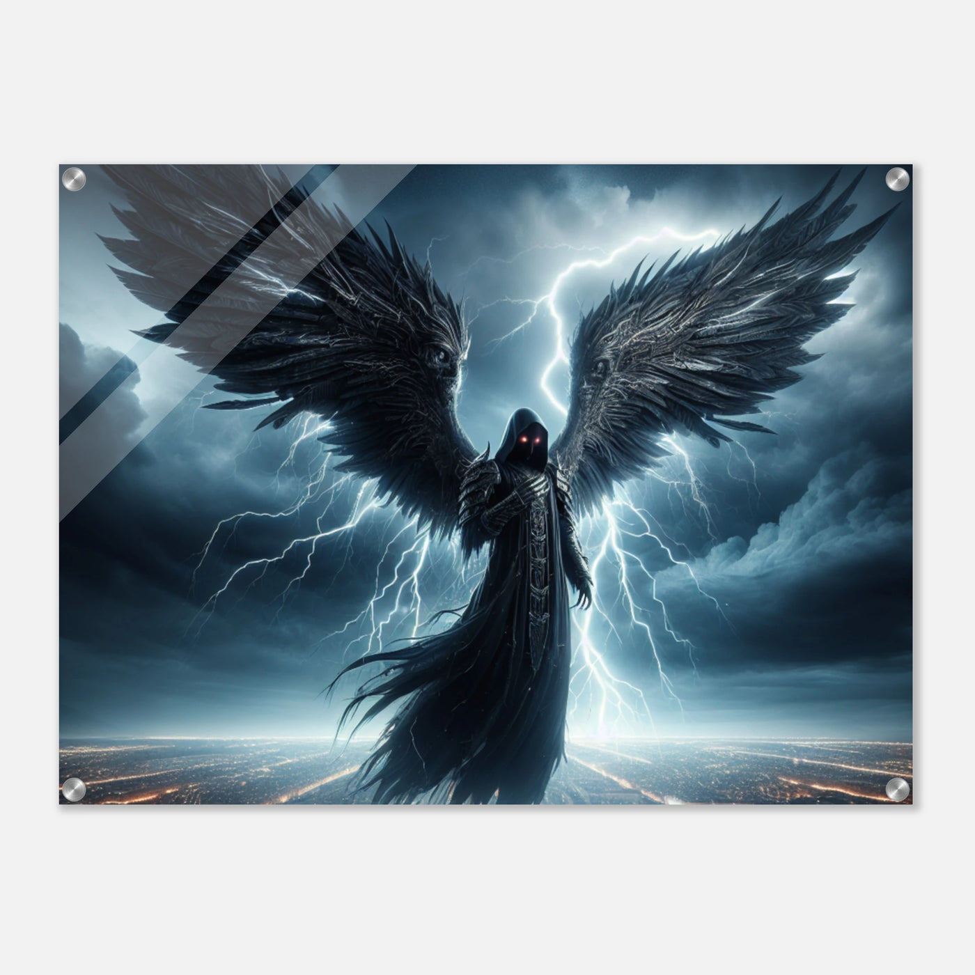Acrylglasdruck: Gruseliger Todesengel bei Gewitter schwebt über der Stadt bei Nacht, bringt Blitz und Donner, eindrucksvolle Wandkunst für Horror-Fans und Fantasy-Enthusiasten