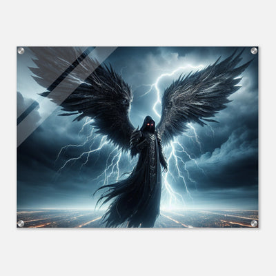 Acrylglasdruck: Gruseliger Todesengel bei Gewitter schwebt über der Stadt bei Nacht, bringt Blitz und Donner, eindrucksvolle Wandkunst für Horror-Fans und Fantasy-Enthusiasten