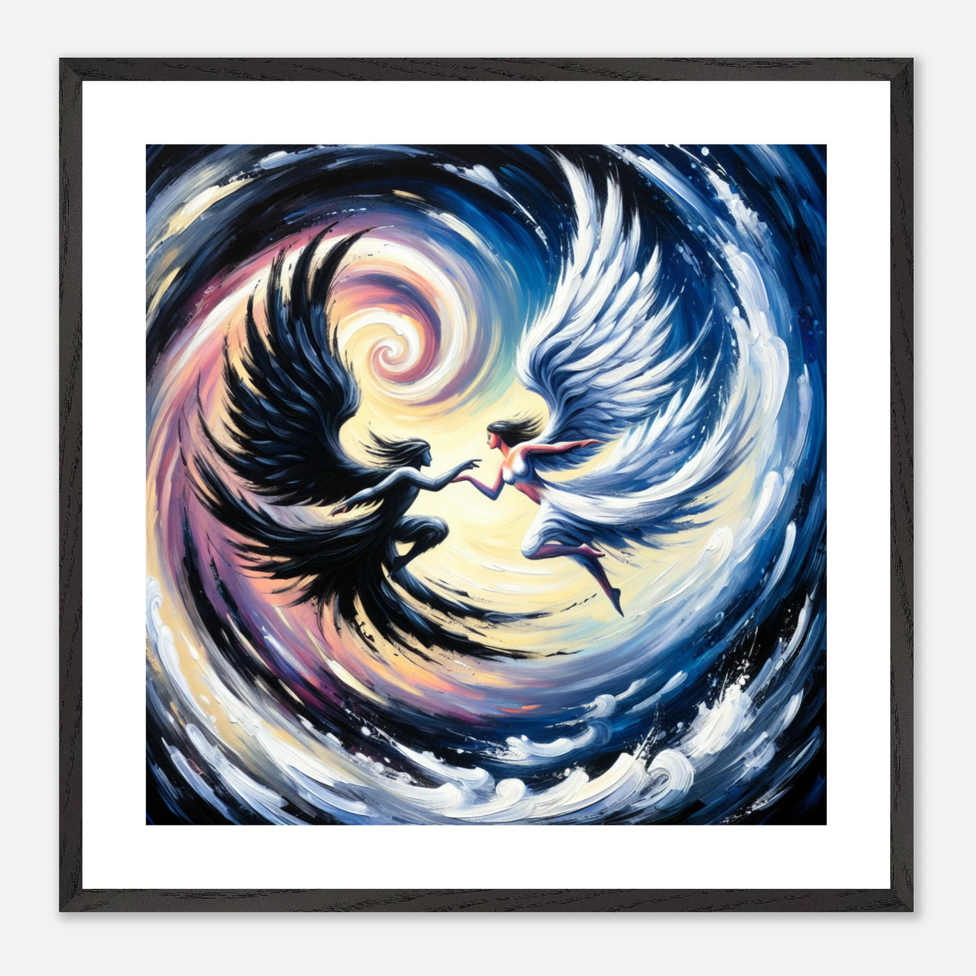 Gerahmtes Premium-Poster: Verschwommene Fusion zwischen Todesengel und Schutzengel, in sich drehend, ideale Wandkunst für Schlafzimmer oder Meditationsraum