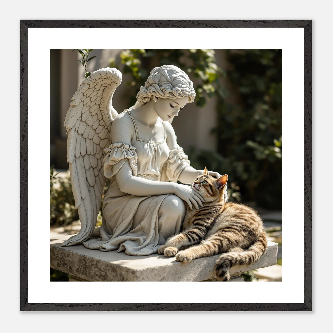 Schmusekatze wird vom Engel gestreichelt. Tolle Geschenkidee für Katzenfans. 