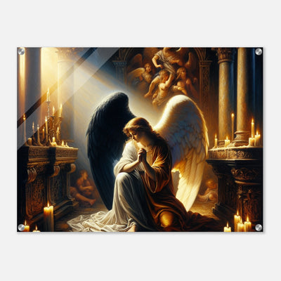 Acrylglasdruck: Engel mit schwarzen und weißen Flügeln, betend vor dem Altar einer katholischen Kirche im Kerzenschein, spirituelle Wandkunst für Religion Meditationsraum