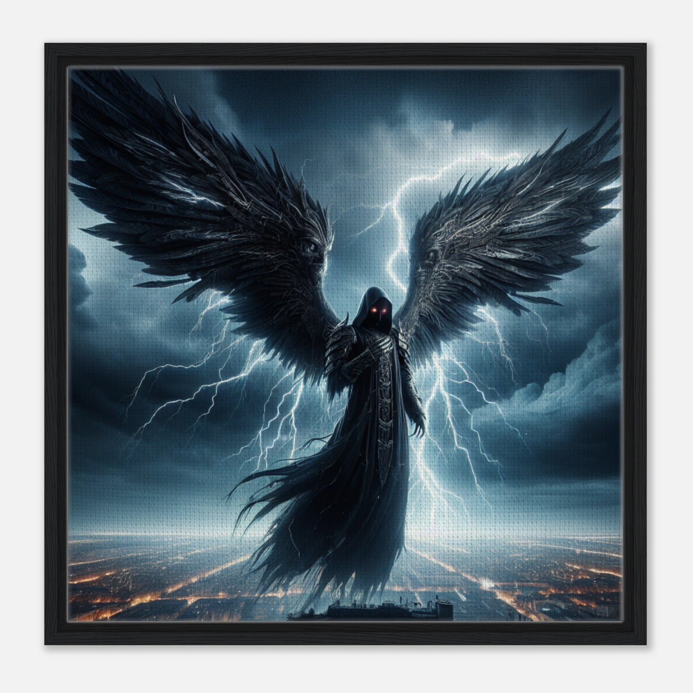 Gerahmte Leinwand: Stormbringer’s Descent, unheimlicher Todesengel über der Stadt in der Dunkelheit, dramatische Wanddekoration für Wohnzimmer und Gothic-Fans
