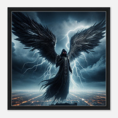 Gerahmte Leinwand: Stormbringer’s Descent, unheimlicher Todesengel über der Stadt in der Dunkelheit, dramatische Wanddekoration für Wohnzimmer und Gothic-Fans
