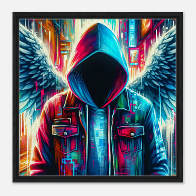 Unbekannter Hacker mit Flügeln – moderner Leinwanddruck im Matrix-Stil mit Pixel-Ästhetik
