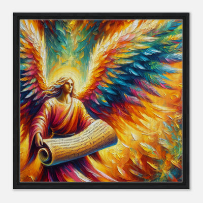 Gerahmte Leinwand: The Divine Messenger, bunter Engel als Apostel mit großer Schriftrolle, symbolisiert Gebote oder Wünsche der Menschen, inspirierende Wanddekoration für Wohnzimmer und kreative Räume
