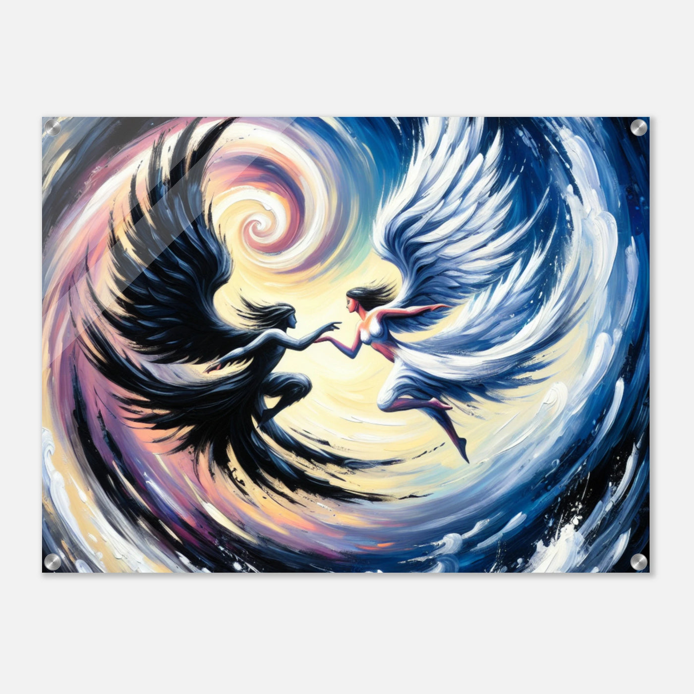 Acrylglasdruck: Verschwommene Fusion zwischen Todesengel und Schutzengel, in sich drehend, dynamische Wandkunst für Meditationsraum