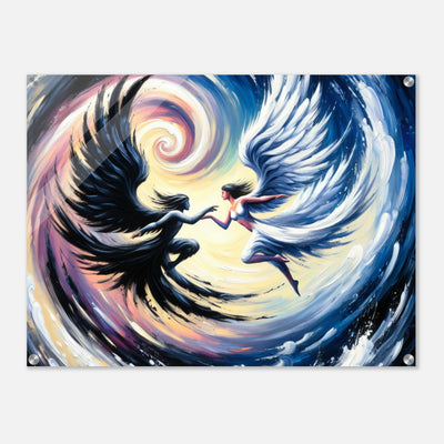 Acrylglasdruck: Verschwommene Fusion zwischen Todesengel und Schutzengel, in sich drehend, dynamische Wandkunst für Meditationsraum