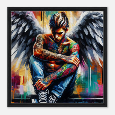 Bunter nachdenklicher Acrylengel – tätowierter Mann mit Retro-Charme und Engelsflügeln auf lebendiger Leinwandkunst