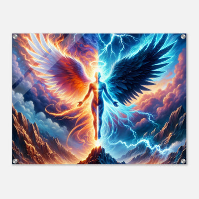 Acrylglasdruck: Leuchtender Engel halb aus roten Flammen, halb aus blauen Blitzen, steigt aus der Hölle empor, fesselnde Wandkunst für Fantasy-Enthusiasten und Kunstliebhaber