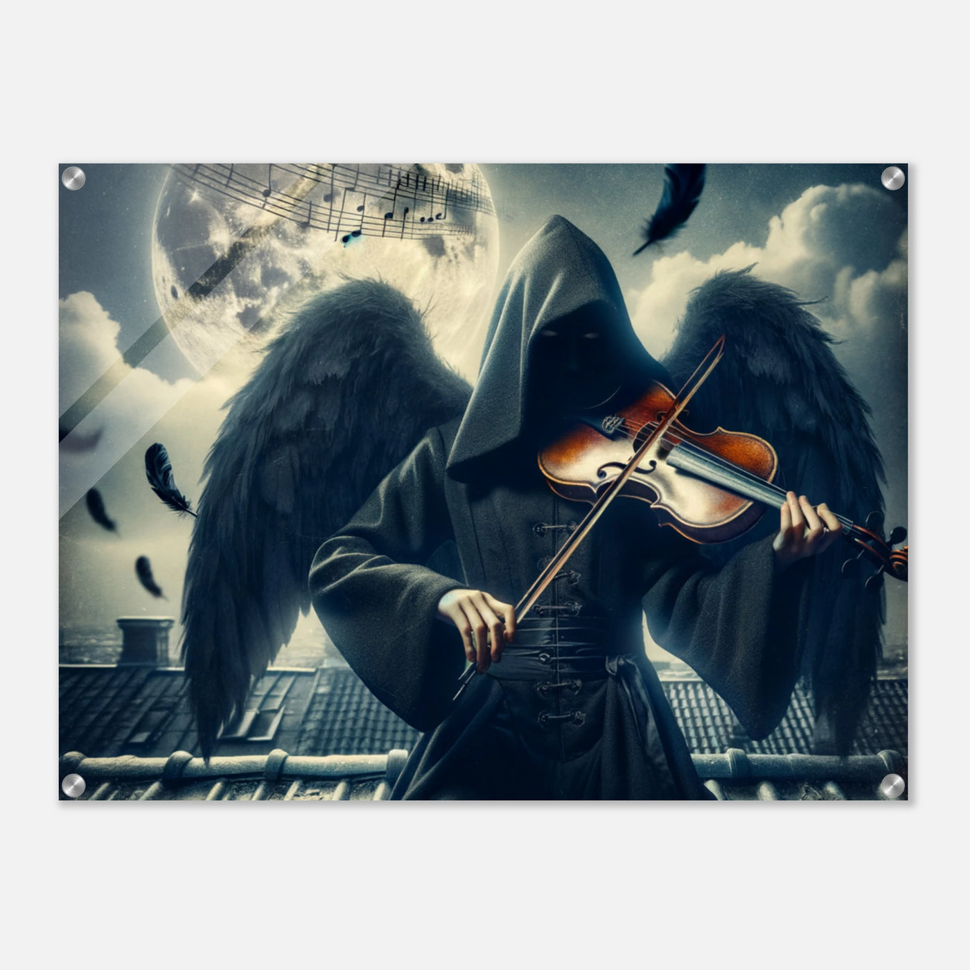 Acrylglasdruck: Dunkles Phantom mit Engelsflügeln und Kapuze spielt melancholisch Geige unter dem Vollmond, einsame und mystische Szene, fesselnde Wandkunst für Musikliebhaber und Kunstenthusiasten