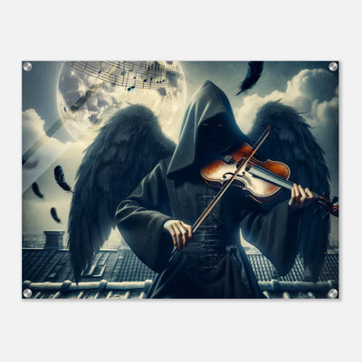 Acrylglasdruck: Dunkles Phantom mit Engelsflügeln und Kapuze spielt melancholisch Geige unter dem Vollmond, einsame und mystische Szene, fesselnde Wandkunst für Musikliebhaber und Kunstenthusiasten