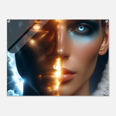 Acrylglasdruck: Nahaufnahme eines Engels, Gesicht geteilt in dunkle kühle Seite und wunderschöne hübsche Seite, fesselnde Wandkunst für Kunstliebhaber und tiefgründige Denker