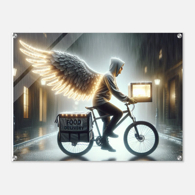 Engel auf zwei Rädern – stylischer Fahrradkurier mit Flügeln als Acrylglasdruck für moderne Stadtromantik