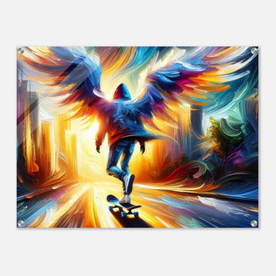 Skateboarder mit Engelsflügeln – Skate in Heaven Acrylglasdruck, skatet durch die Stadt hin zur Sonne
