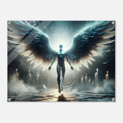 Acrylglasdruck: Männlicher Engel steht im Jüngsten Gericht, Welt bereits untergegangen, eindrucksvolle Wandkunst für Liebhaber von apokalyptischen Szenen und dramatischer Kunst