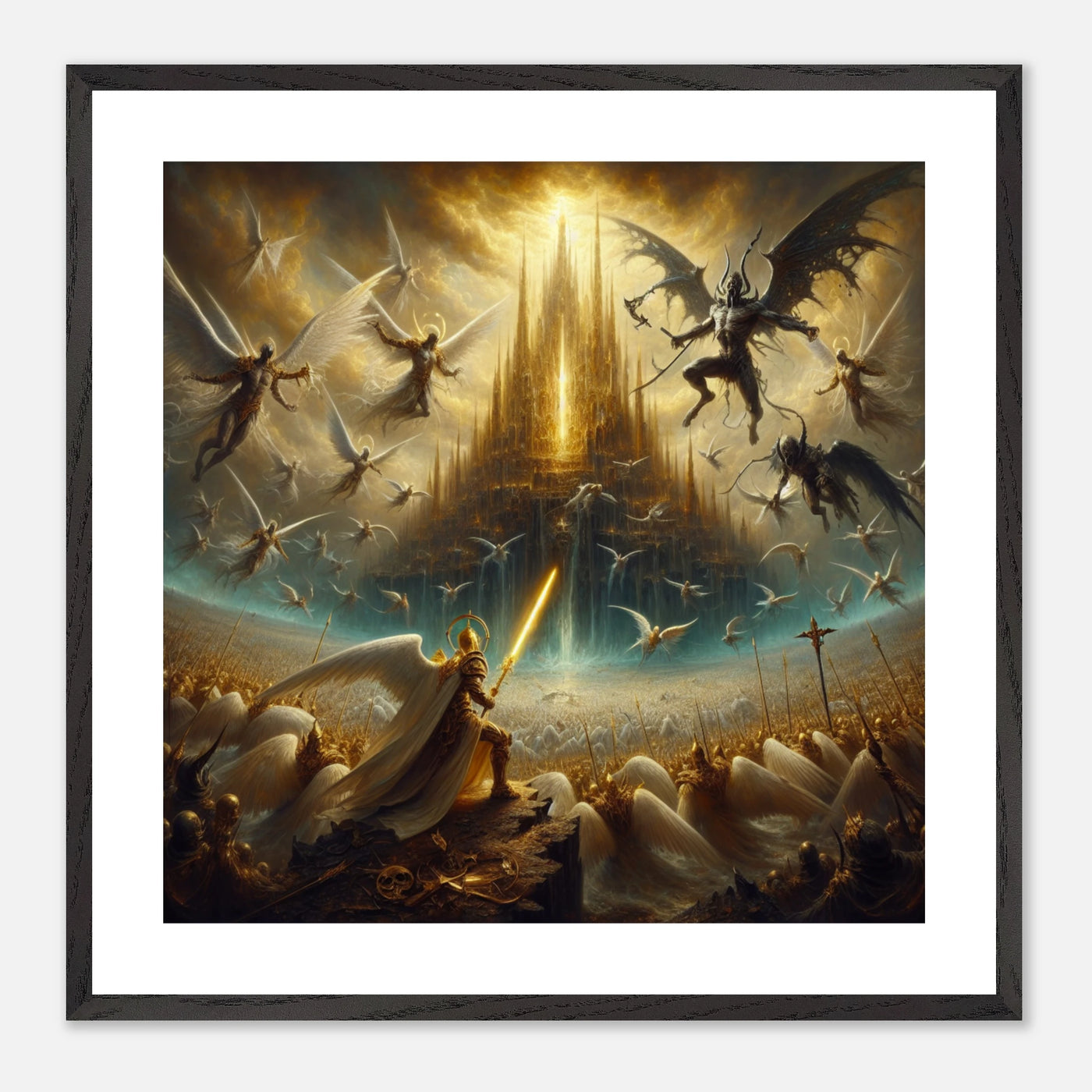 Gerahmtes Premium-Poster: Epischer Kampf zwischen Engel und Teufel, Hell gegen Dunkel, Konflikt wie aus Roman, Film oder Computerspiel, ideale Wandkunst für Fantasy-Fans und Meditationsräume