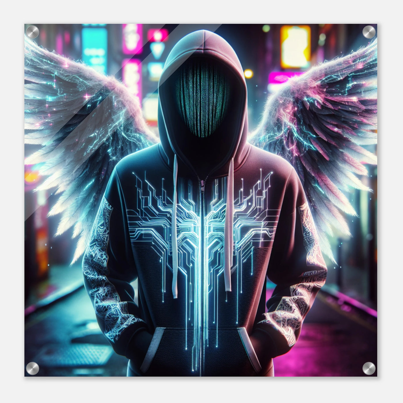 Digitaler Schutzengel unter Strom – Acrylbild mit leuchtenden High-Tech-Flügeln im Cyberraum