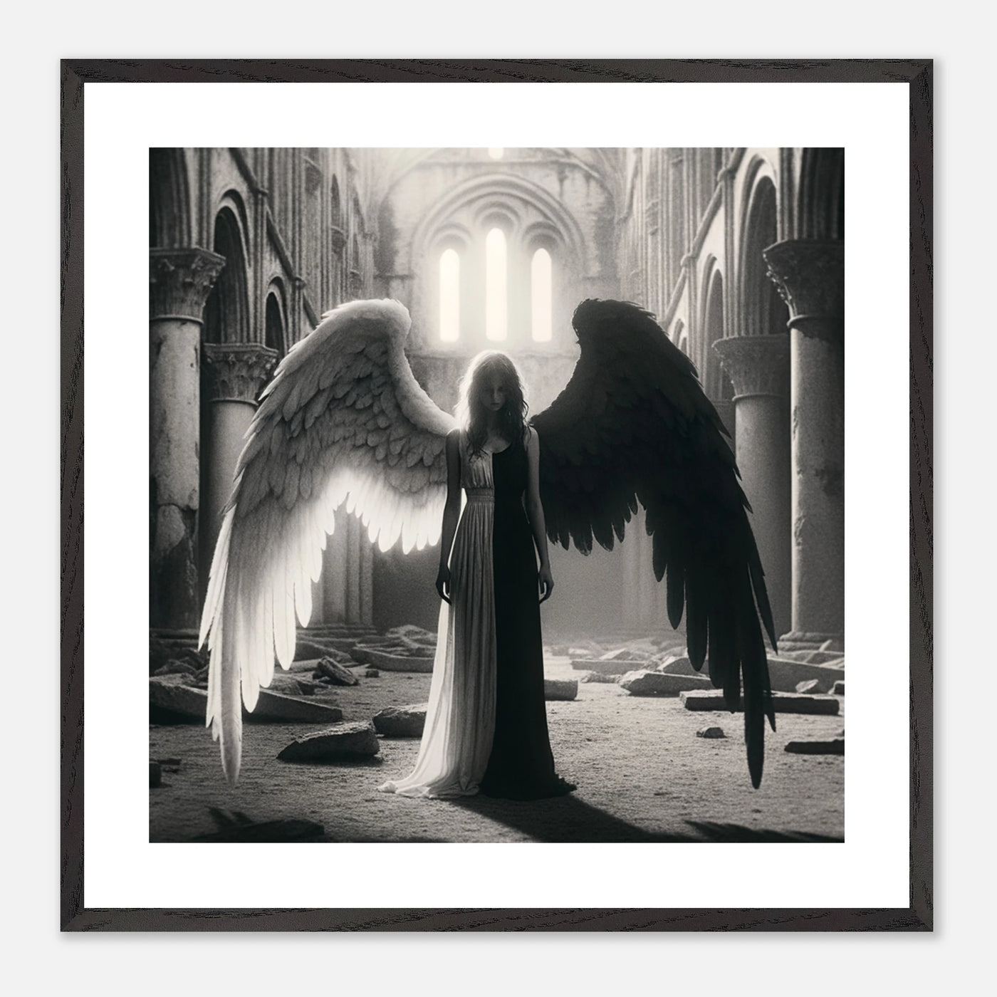 Gerahmtes Premium-Poster: Schwarz-weißer Engel in den Ruinen einer Kirche, schwarzer Teil steht für Zerstörung und Böses, weißer Teil für Hoffnung und Überwindung, ideale Wandkunst für Meditationsräume und spirituelle Zentren