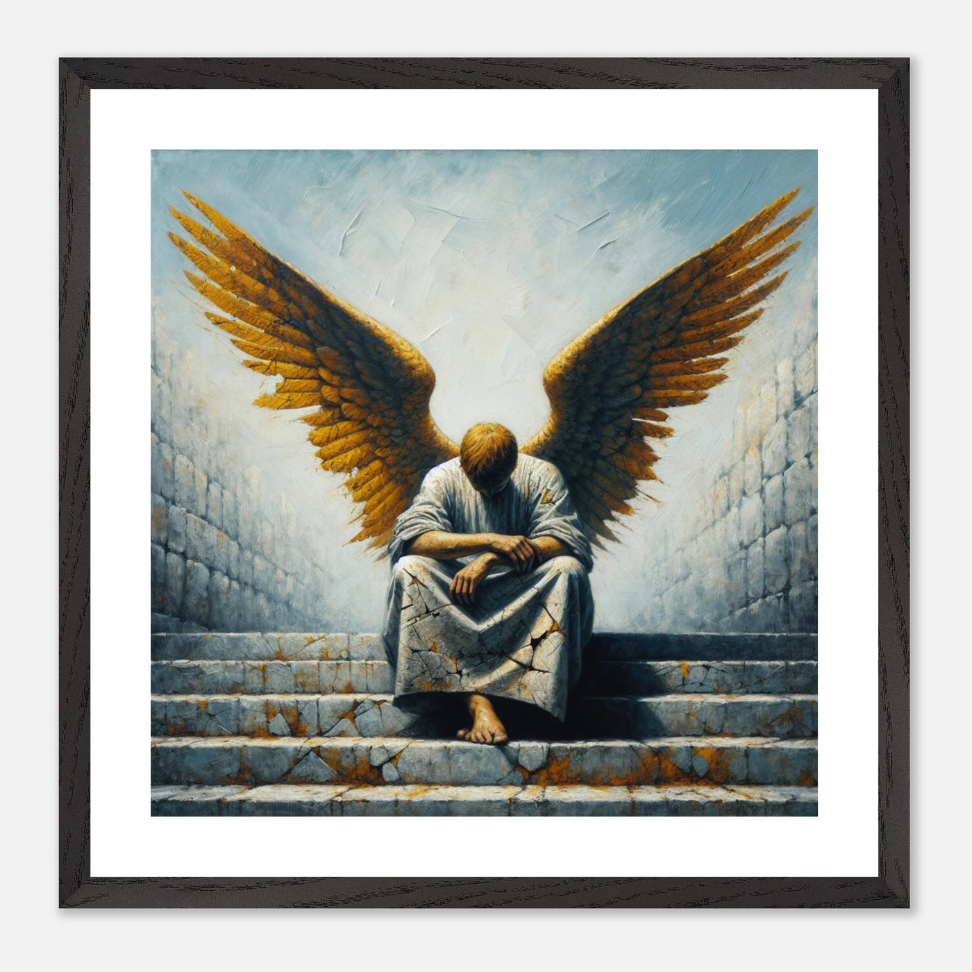 Bescheidener Engel auf Himmelstreppe – Concrete & Clouds Poster, betend in einfachem Gewand
