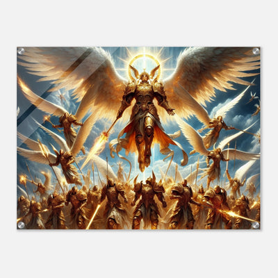 Acrylglasdruck: Heiliger Erzengel erhebt sich in der Schlacht, gibt dem Heer aus Engeln Mut und Tapferkeit, eindrucksvolle Wandkunst für Menschen, die Stärke und Inspiration suchen