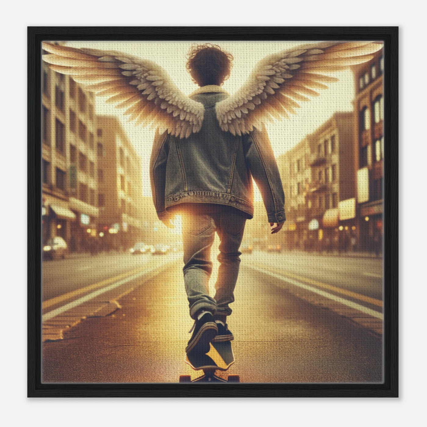 Skaterkind-Engel fährt in den Himmel – Golden Hour Guardian Skater Kid Leinwanddruck, Abschied und Trost in der goldenen Stunde
