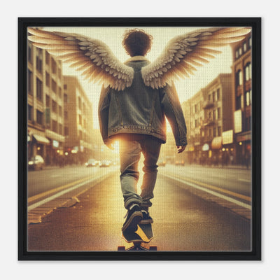 Skaterkind-Engel fährt in den Himmel – Golden Hour Guardian Skater Kid Leinwanddruck, Abschied und Trost in der goldenen Stunde
