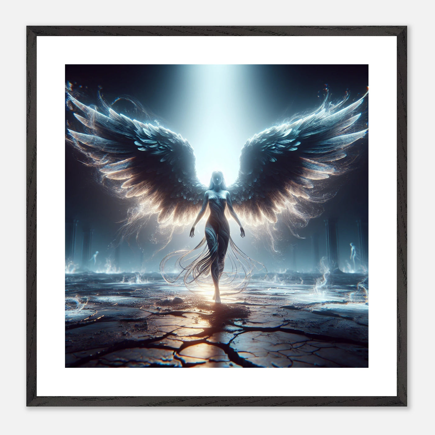 Gerahmtes Premium-Poster: Engel wandelt auf der zerstörten Erde zum letzten Mal, traurig und gleichzeitig hoffnungsvoll, ideale Wandkunst für nachdenkliche und inspirierende Räume