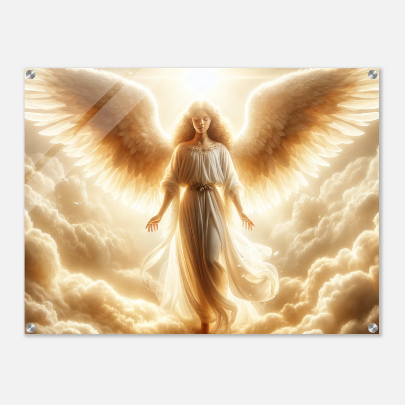 Acrylglasdruck: Schutzengel heißt dich im Himmel willkommen, strahlt Wärme und Geborgenheit aus, helle Sonnenschein, eindrucksvolle Wandkunst für Menschen, die Trost und Hoffnung suchen