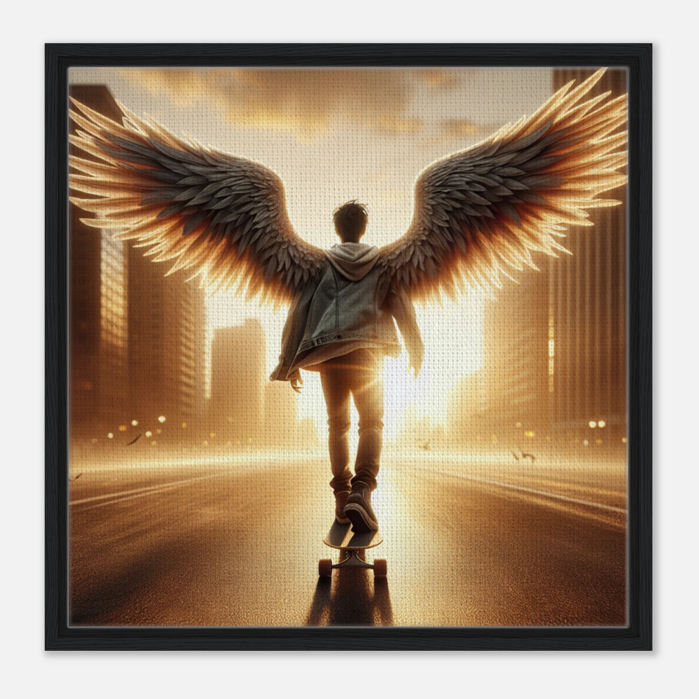 Skater-Engel fährt in den Himmel – Golden Hour Guardian Skater Leinwanddruck, Abschied mit Skateboard in der goldenen Stunde
