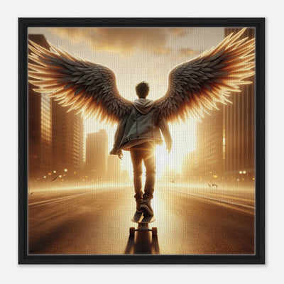 Skater-Engel fährt in den Himmel – Golden Hour Guardian Skater Leinwanddruck, Abschied mit Skateboard in der goldenen Stunde

