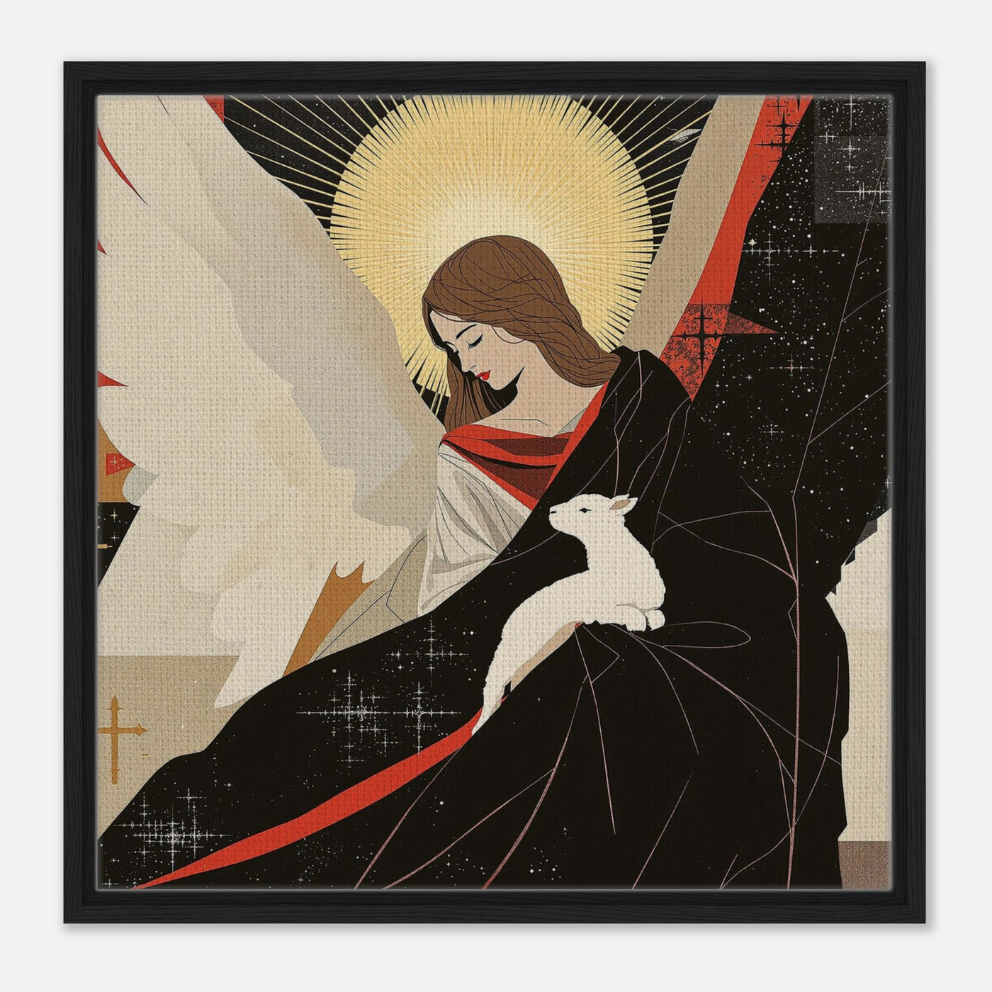 Abstraktes Engelbild mit Schaf oder Lamm.