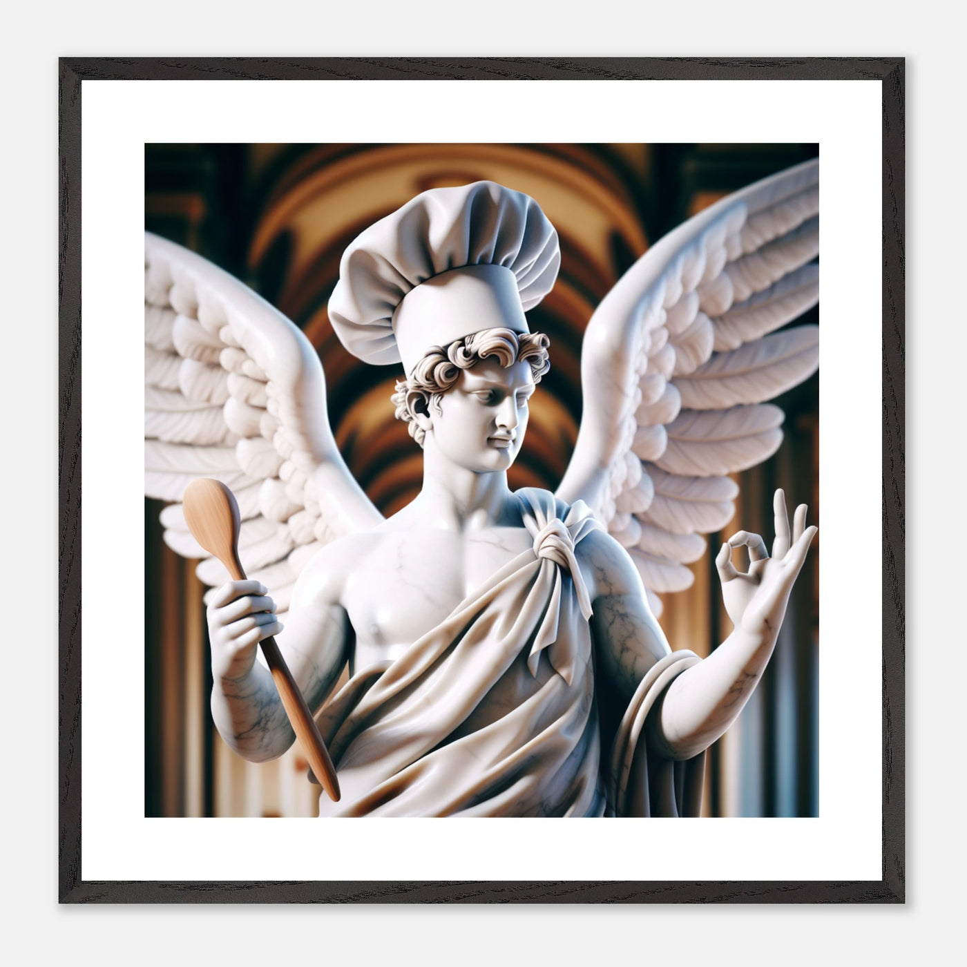 Premium Poster im Rahmen mit Engel als Marmorstatue als Koch – kulinarisches gesundes Essen | Dreaming Wings