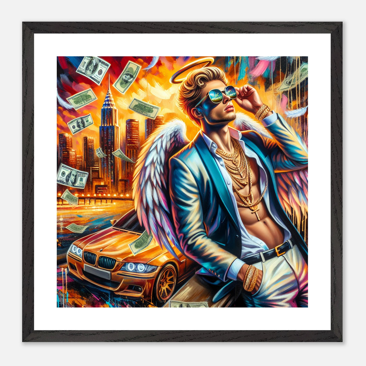 Engel mit Aktien und Vermögen – Heaven’s Hustle Poster mit reichem Unternehmer und luxuriösem Auto