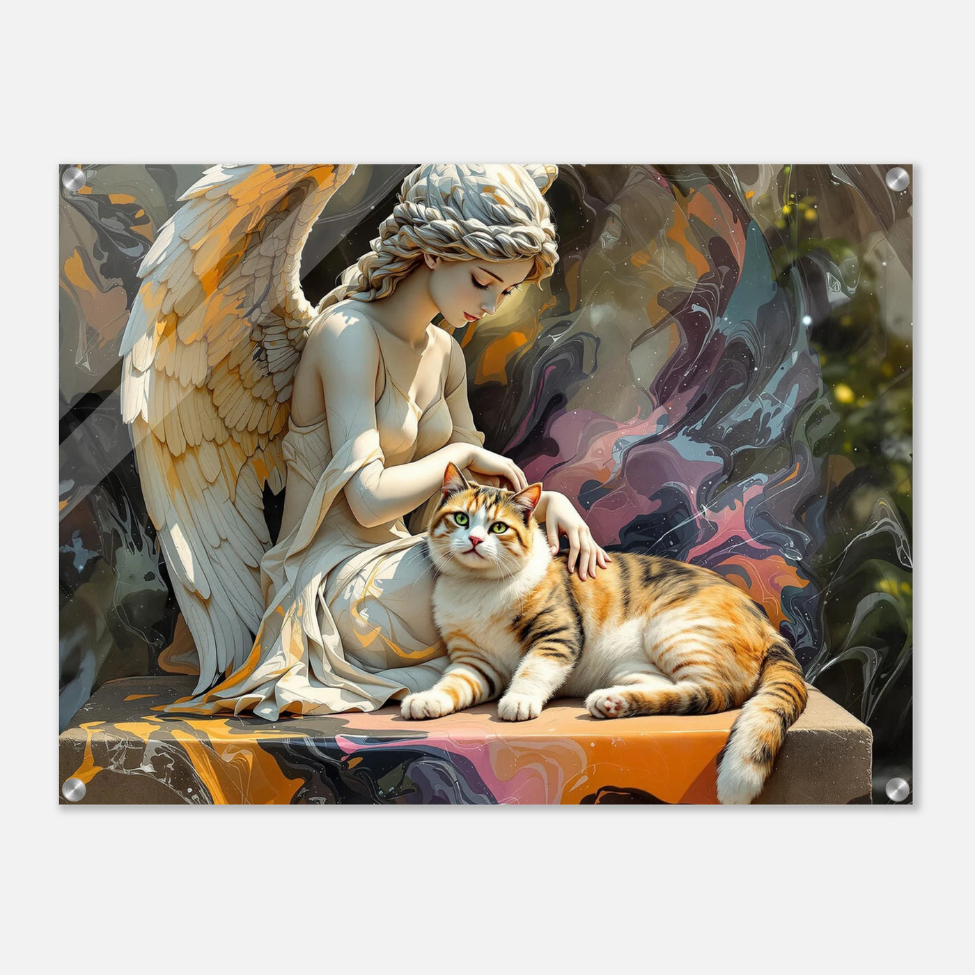 Buntes Acrylbild mit Katze und Engel. 