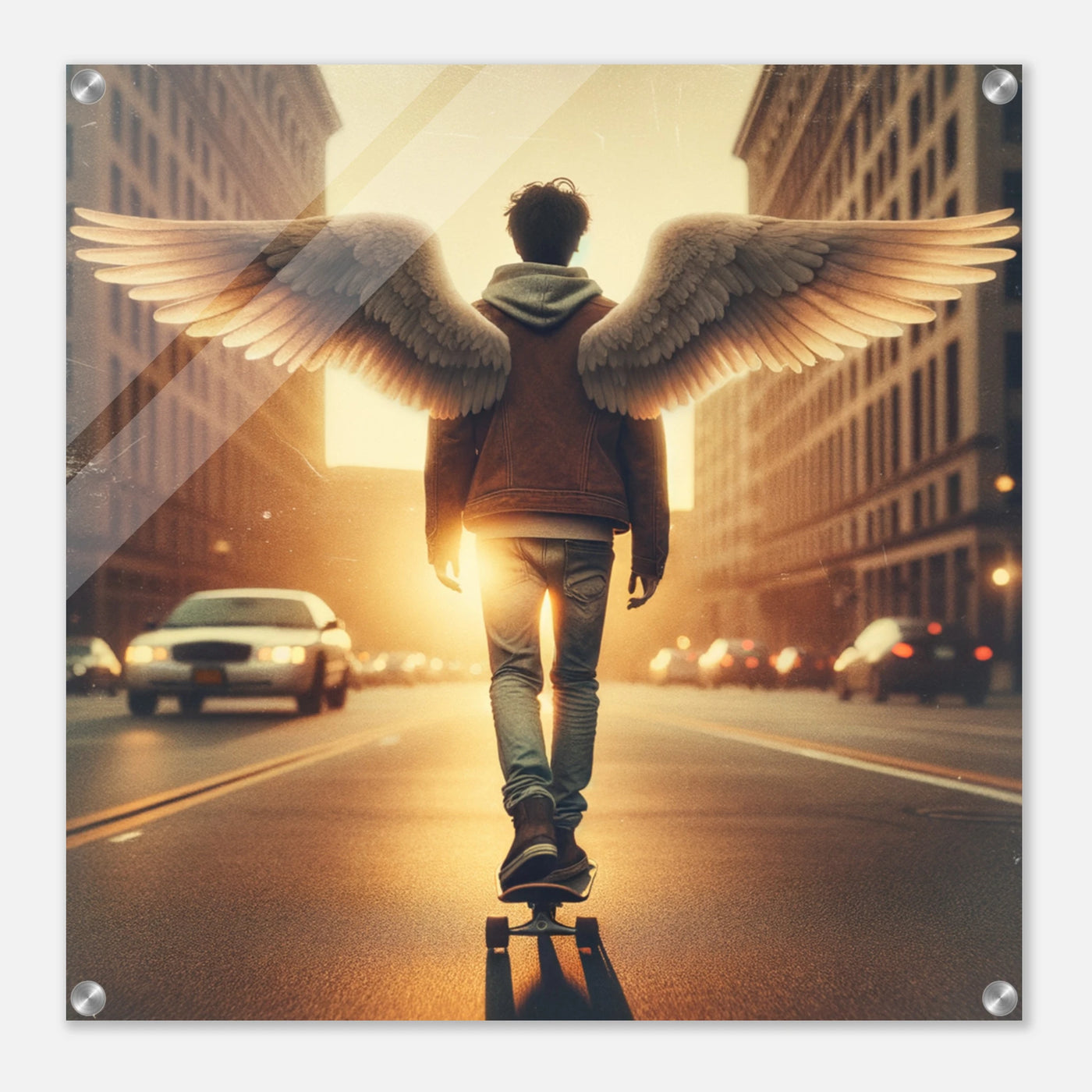 Engel-Skaterjunge in der Golden Hour – Golden Hour Guardian Skater Boy Acrylglasdruck, himmlische Reise mit Skateboard
