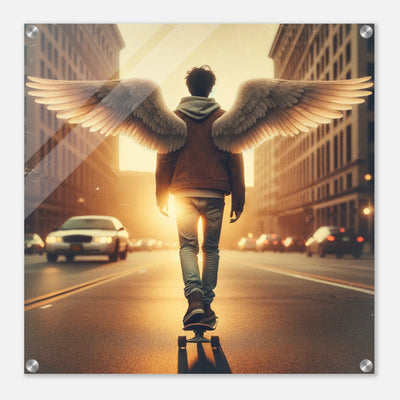 Engel-Skaterjunge in der Golden Hour – Golden Hour Guardian Skater Boy Acrylglasdruck, himmlische Reise mit Skateboard
