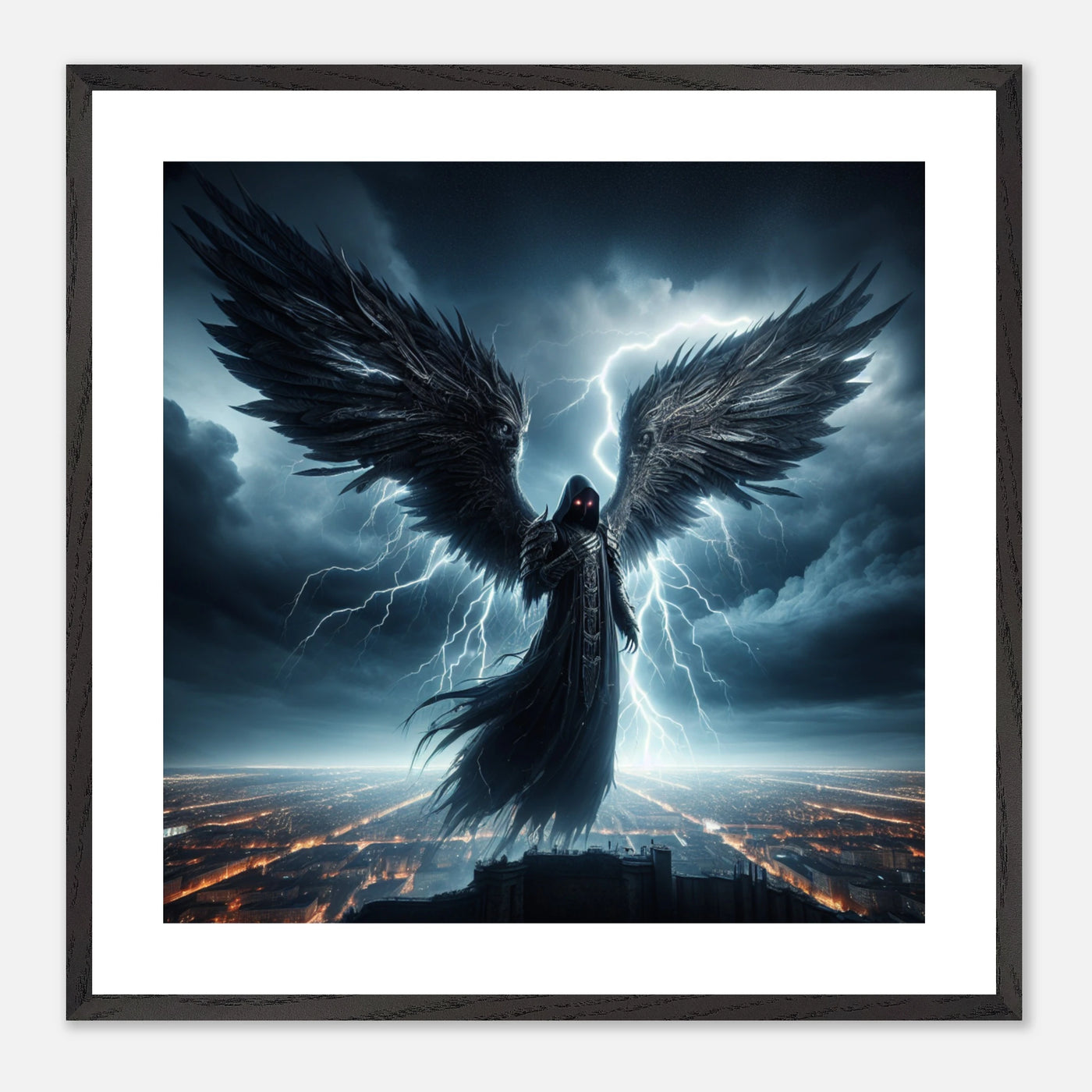 Gerahmtes Premium-Poster: Gruseliger Todesengel schwebt über der Stadt bei Nacht, bringt Blitz und Donner, ideale Wandkunst für Horror-Enthusiasten und stimmungsvolle Räume