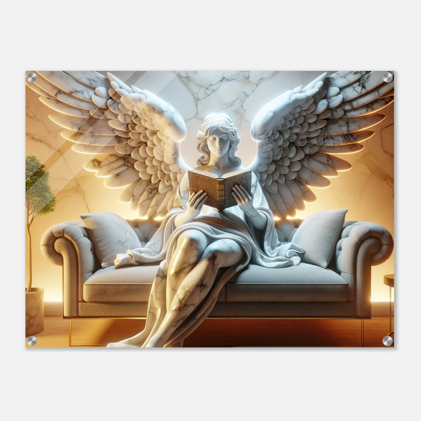 Engel sitzt auf Sofa, in Decke gekuschelt und liest ein Buch, strahlt Wärme und Ruhe aus, moderne Wandkunst