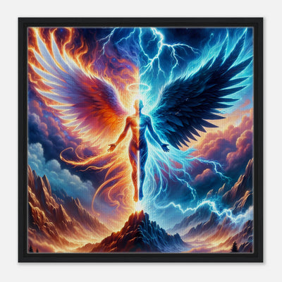 Gerahmte Leinwand: Heaven & Hell Unleashed, Engel aus roten Flammen und blauen Blitzen, steigt aus der Hölle empor, dramatische Wanddekoration für Wohnzimmer und Spielzimmer