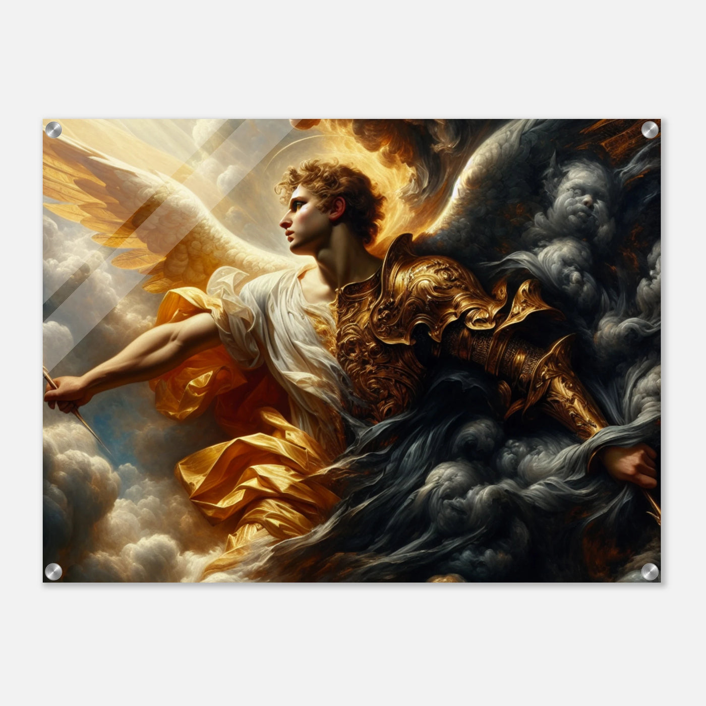 Acrylglasdruck: Schutzengel im Himmel bedrängt von Geistern verstorbener, Kampf zwischen Gut und Böse, emotionale Wandkunst für Meditationsraum