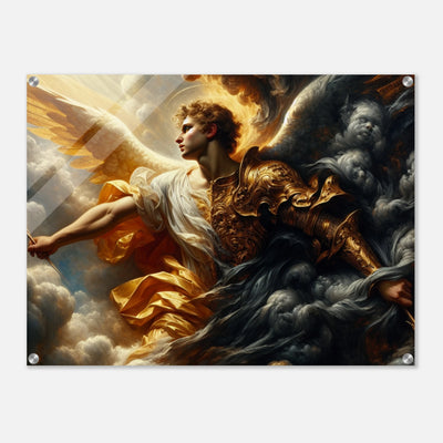Acrylglasdruck: Schutzengel im Himmel bedrängt von Geistern verstorbener, Kampf zwischen Gut und Böse, emotionale Wandkunst für Meditationsraum