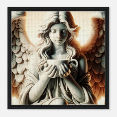 Gerahmte Leinwand mit weiblichen Engel mit großer Tasse Tee - friedliche Pause mit leckerem Getränk 