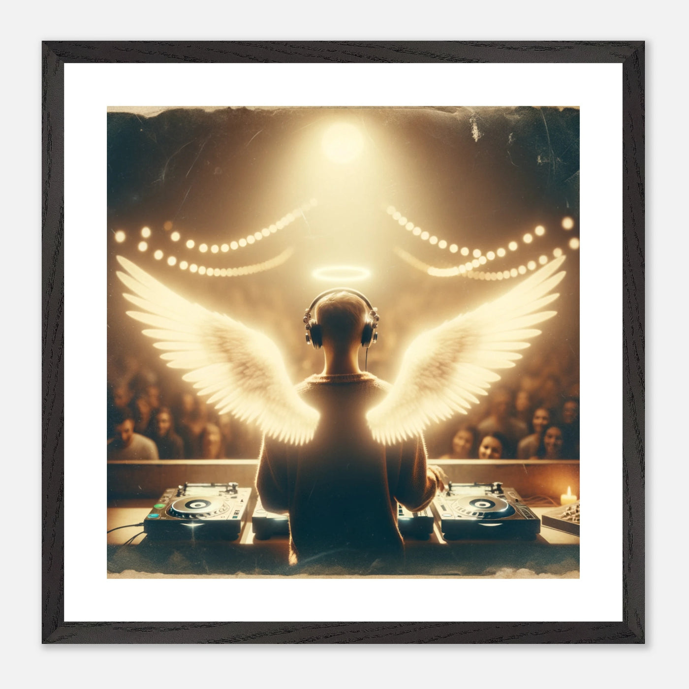 DJ mit Licht-Halo und Engelsflügeln – Party Heaven Poster, feiernde Musik vor Turntables

